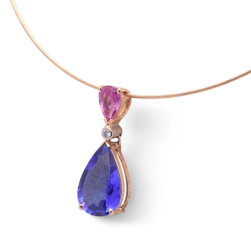 Collier tanzanite AAA et saphir rose en or jaune, Nantes