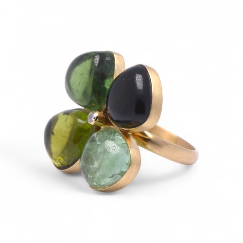 Bague fleur tourmalines et diamant en or jaune, Nantes