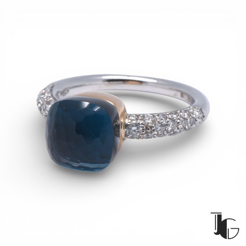Bague pomellato topaze bleue diamants en or bicolore, Nantes