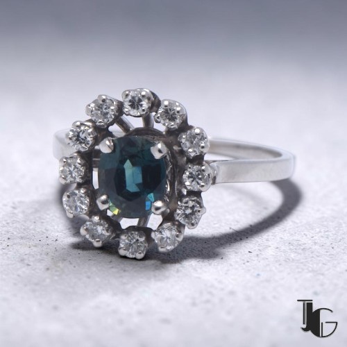 Bague saphir teal diamants – bijoux ancien nantes – joaillerie guerin nantes